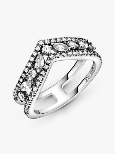 Wishbone sterling silver ring with clear cubic zirconia