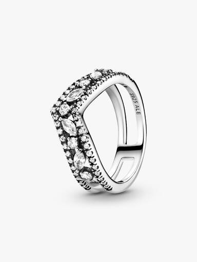 Wishbone sterling silver ring with clear cubic zirconia