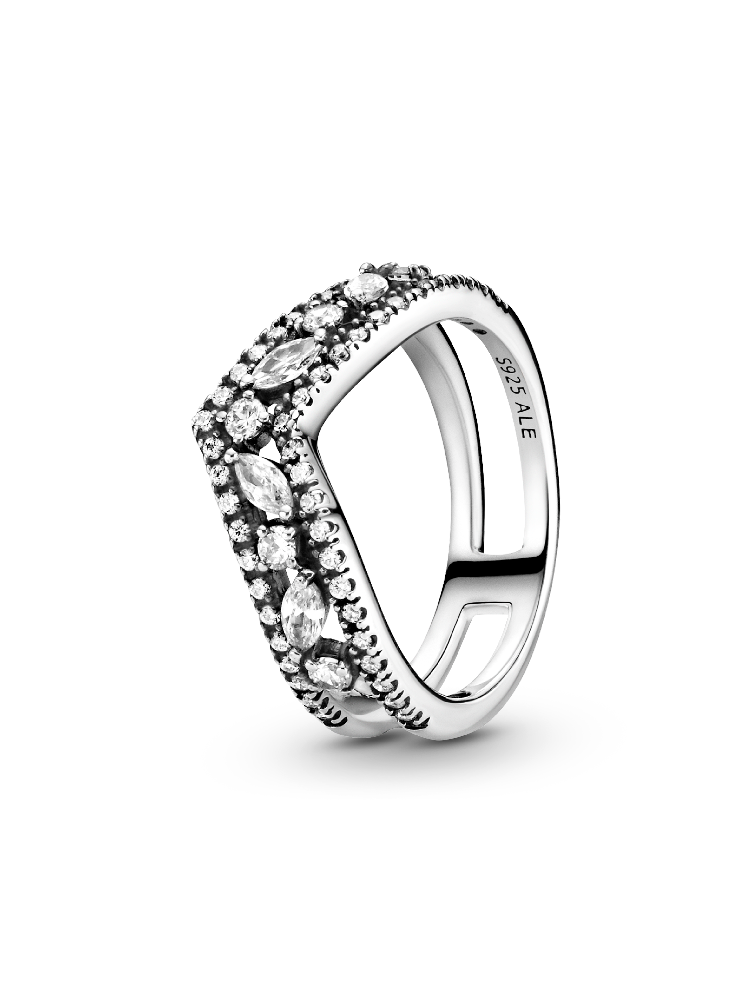 Wishbone sterling silver ring with clear cubic zirconia