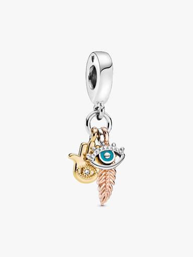 Charm Pendente Espiritualidade Mão de Hamsa, Olho que Tudo Vê e Pena