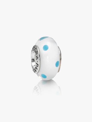 Dotted silver charm with white and teal murano glass