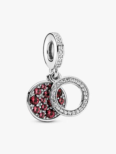 Circle and disc sterling silver dangle with red and clear cubic zirconia