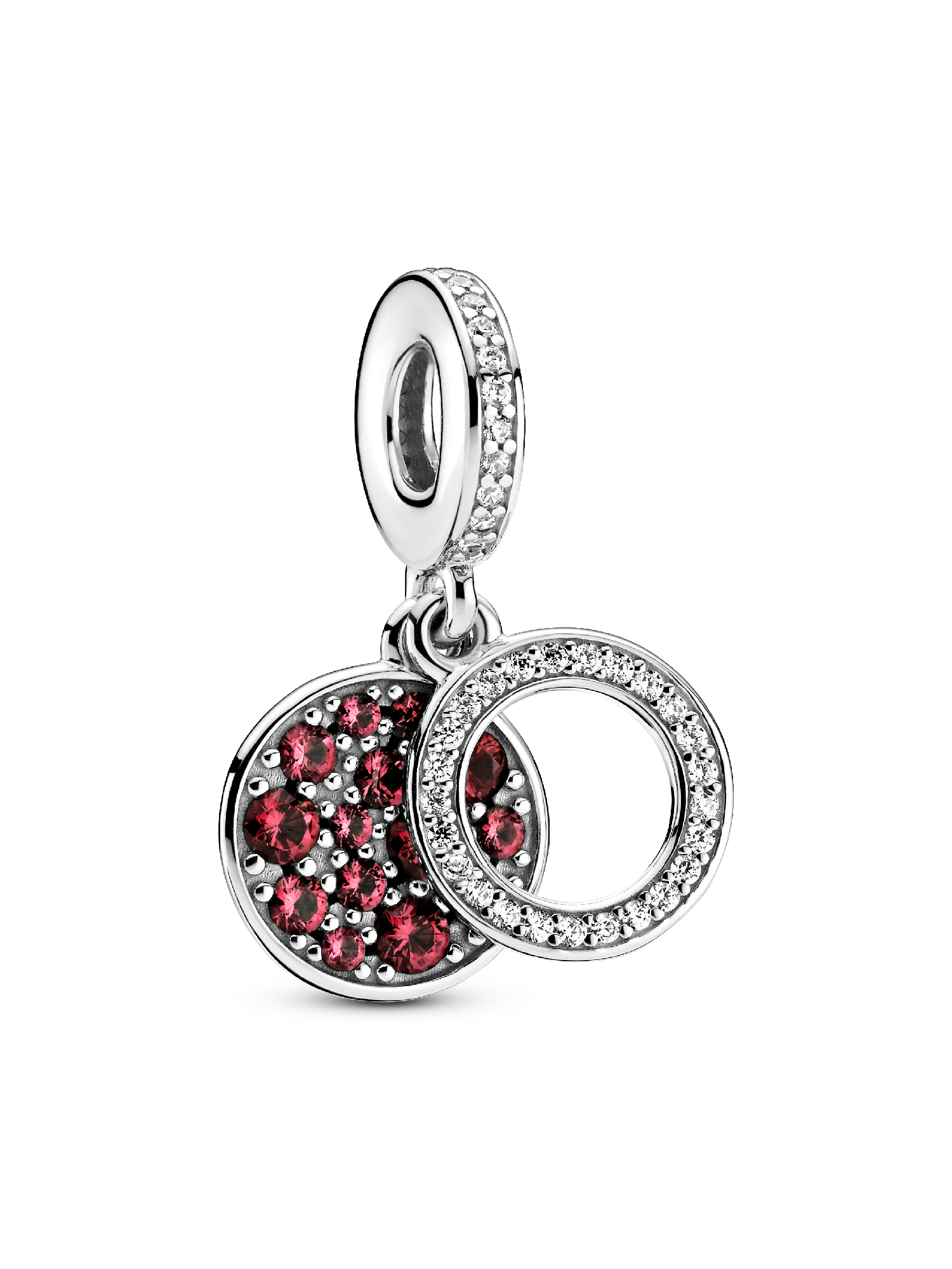 Circle and disc sterling silver dangle with red and clear cubic zirconia