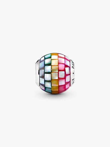 Silver charm with mother of pearl mosaic in purple, pink, yellow, green and blue