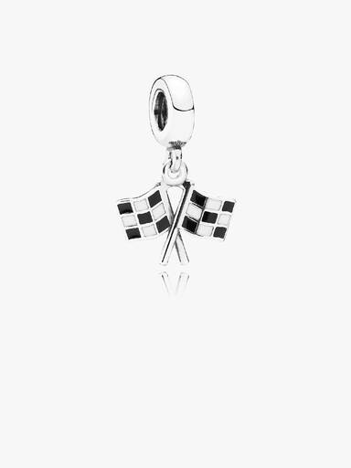Chequered flags silver dangle with black and white enamel