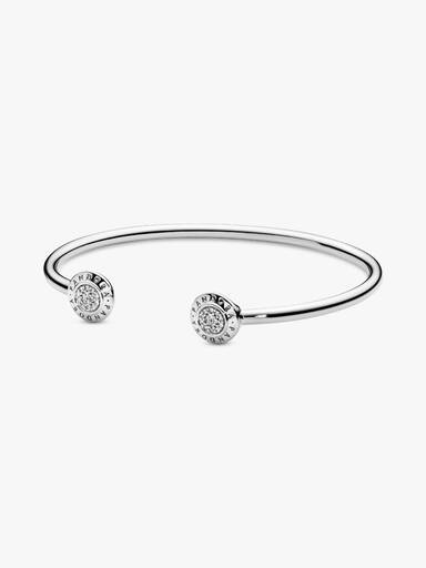 PANDORA logo silver open bangle with clear cubic zirconia