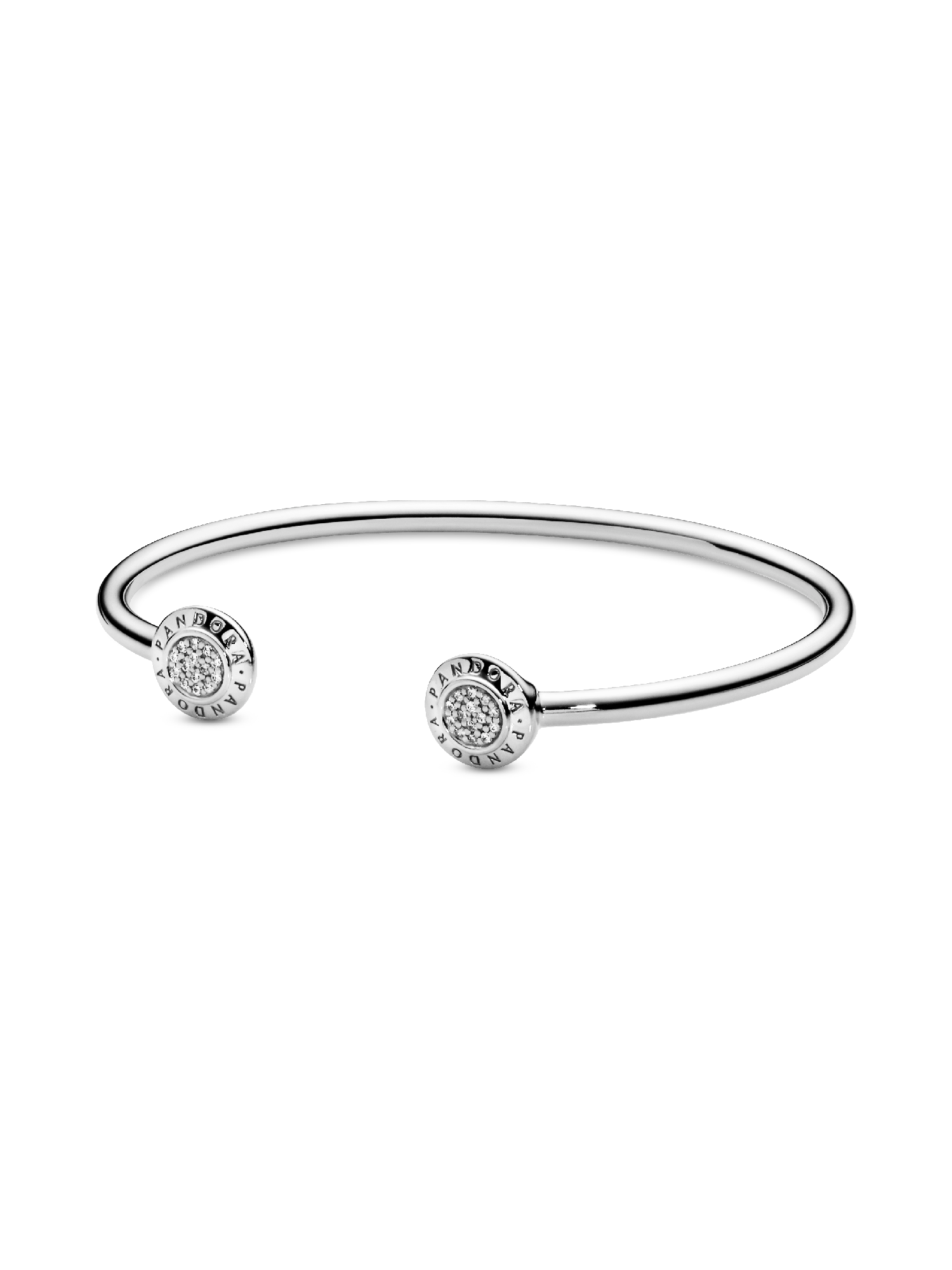 PANDORA logo silver open bangle with clear cubic zirconia