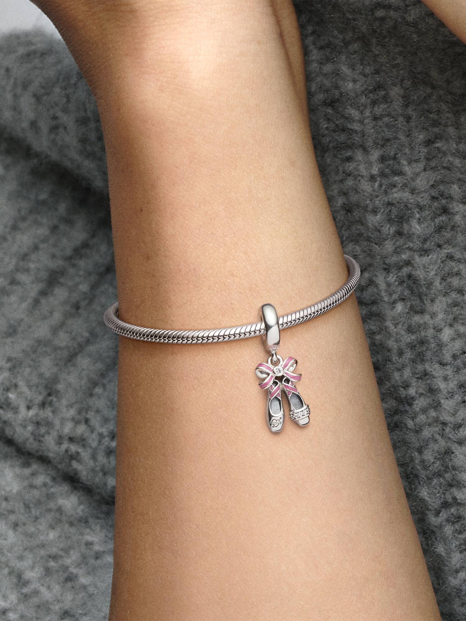 Ballerina shoes sterling silver dangle with clear cubic zirconia and pink enamel