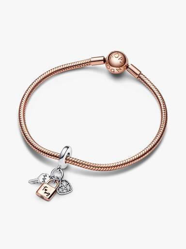 Charm Pendente Triplo Chave, Cadeado e Coração Bicolor