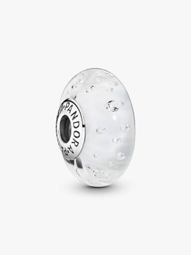 Abstract silver charm in white murano glass with cubic zirconia
