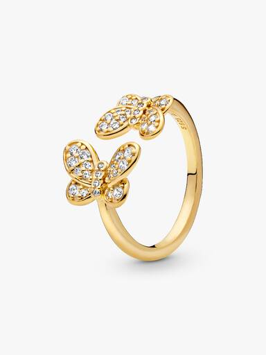 Butterfly 14k gold-plated open ring with clear cubic zirconia