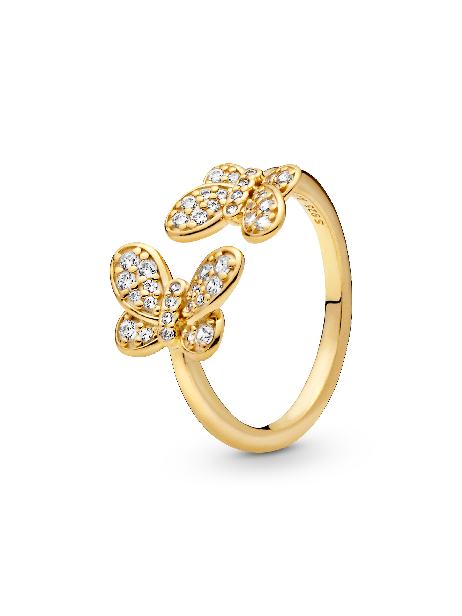 Butterfly 14k gold-plated open ring with clear cubic zirconia