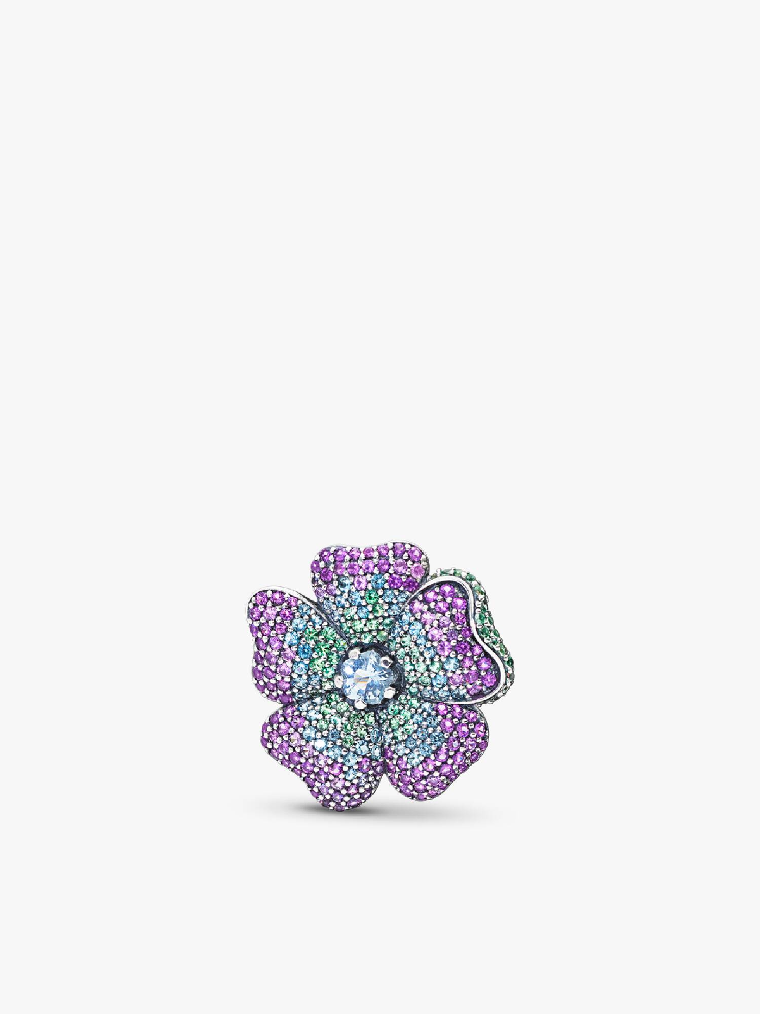 Floral silver pendant and brooch with royal purple, aqua blue and vivid green crystal