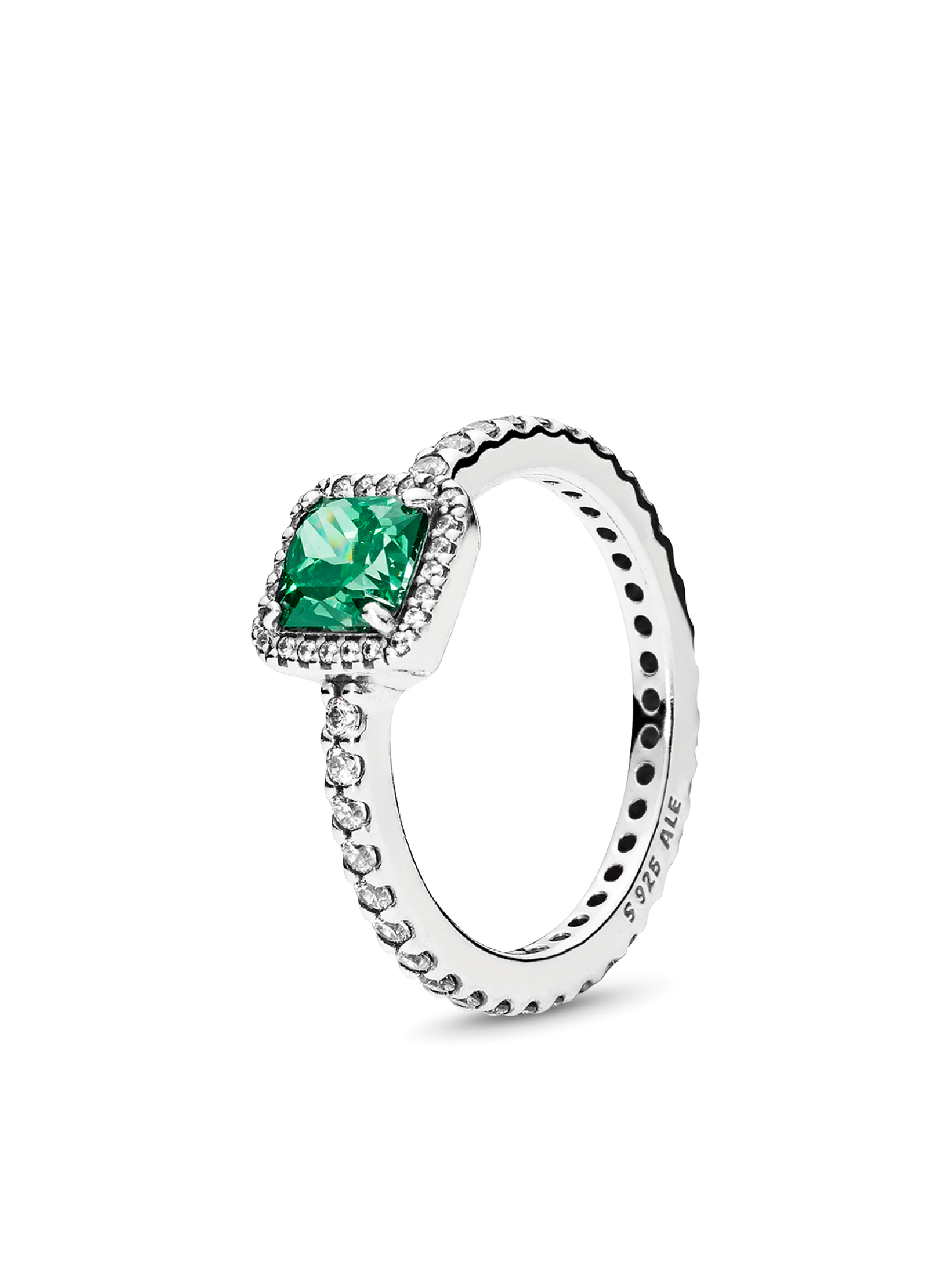 Silver ring with green and clear cubic zirconia