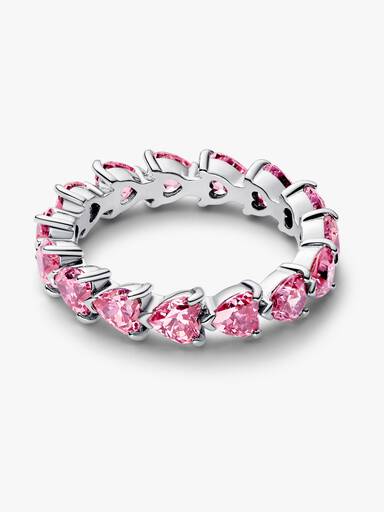 Anel Fileira de Corações Rosa Brilhantes