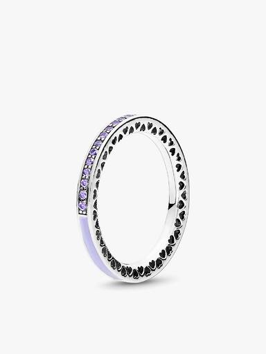 Silver ring with purple cubic zirconia and lavender enamel
