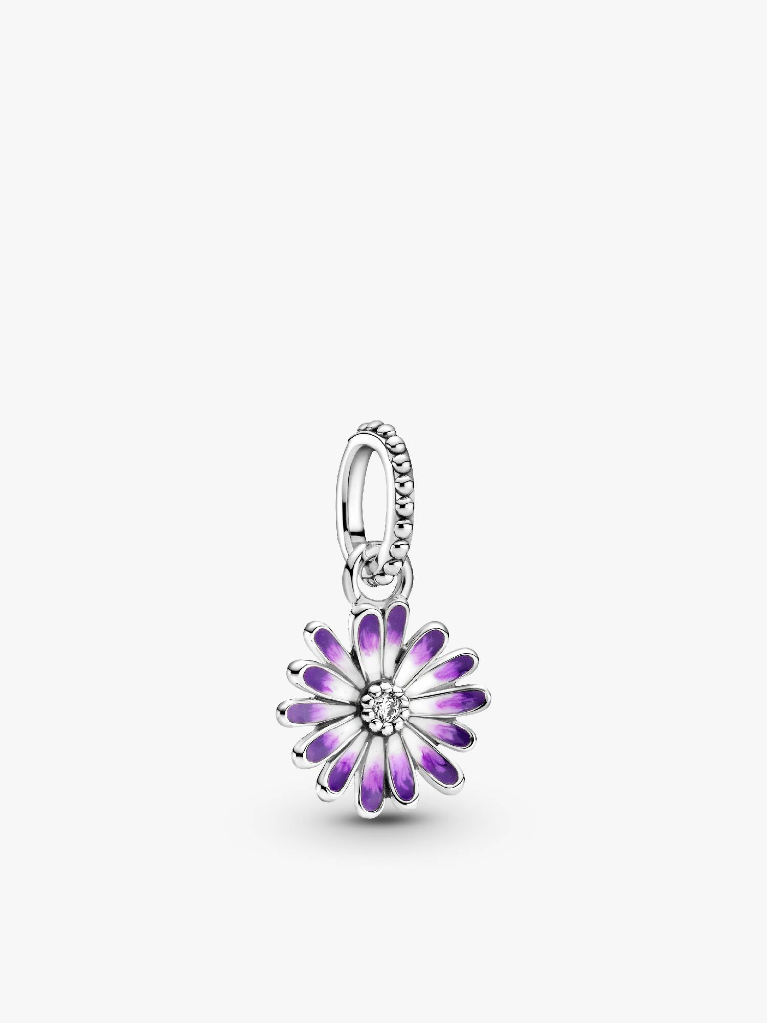 Daisy sterling silver dangle with clear cubic zirconia and shaded purple enamel