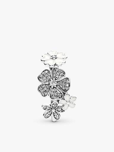 Floral silver ring with clear cubic zirconia and white enamel