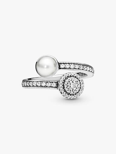 Open silver ring with white crystal pearl and clear cubic zirconia