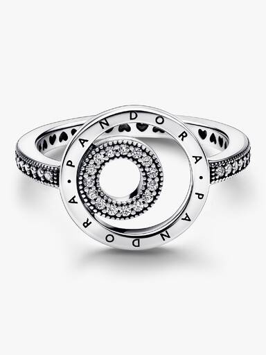 Pandora logo sterling silver ring with clear cubic zirconia