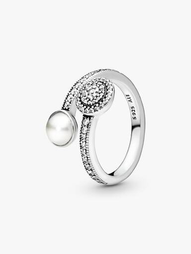Open silver ring with white crystal pearl and clear cubic zirconia