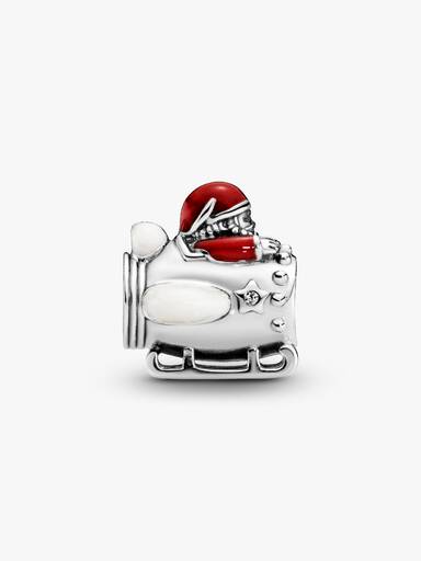 Santa in spaceship silver charm with red, silver enamel and clear cubic zirconia