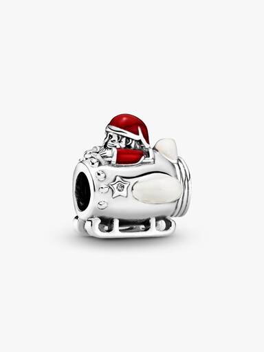 Santa in spaceship silver charm with red, silver enamel and clear cubic zirconia