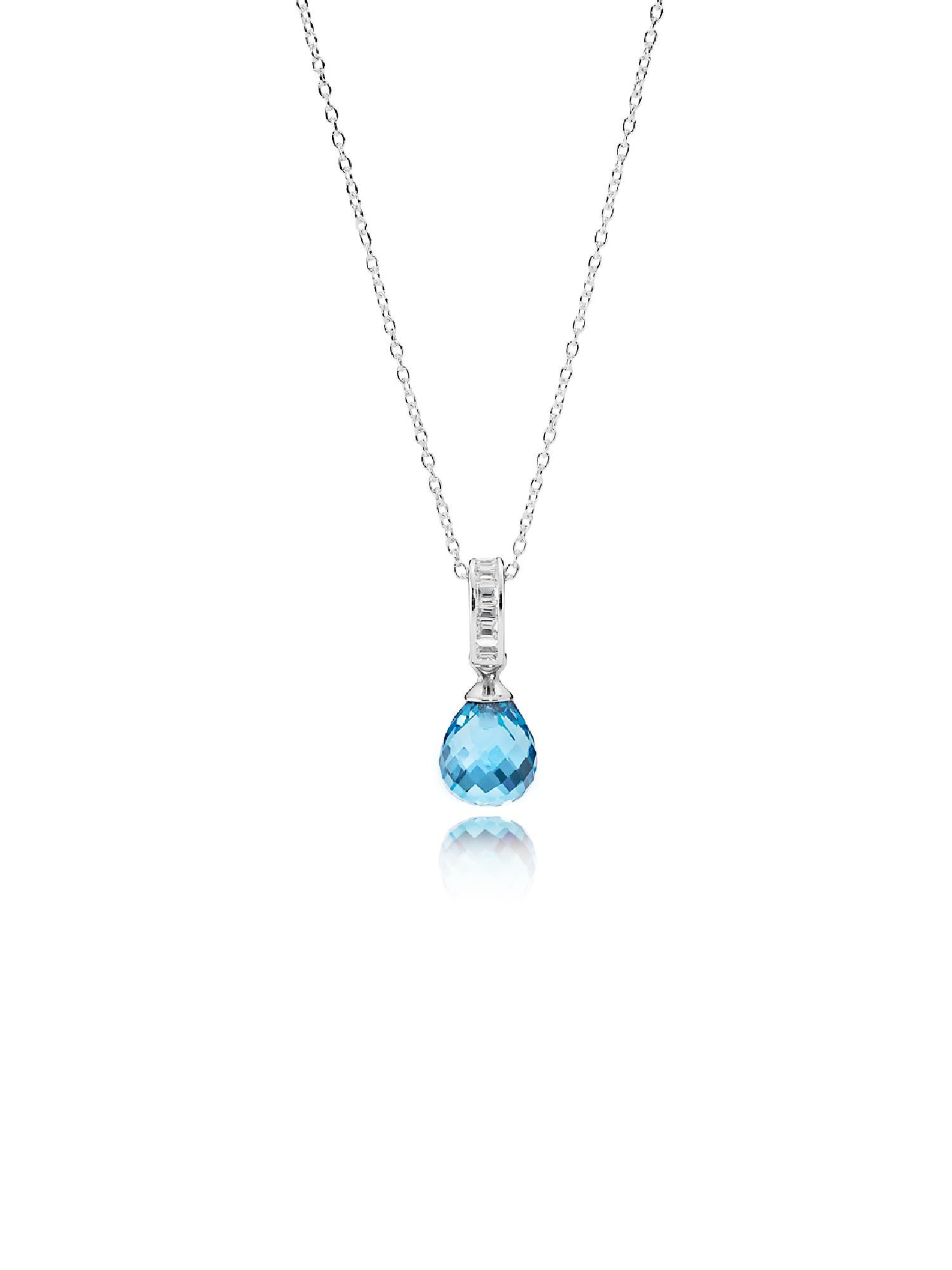 Silver pendant with clear cubic zirconia, faceted sky blue crystal and necklace