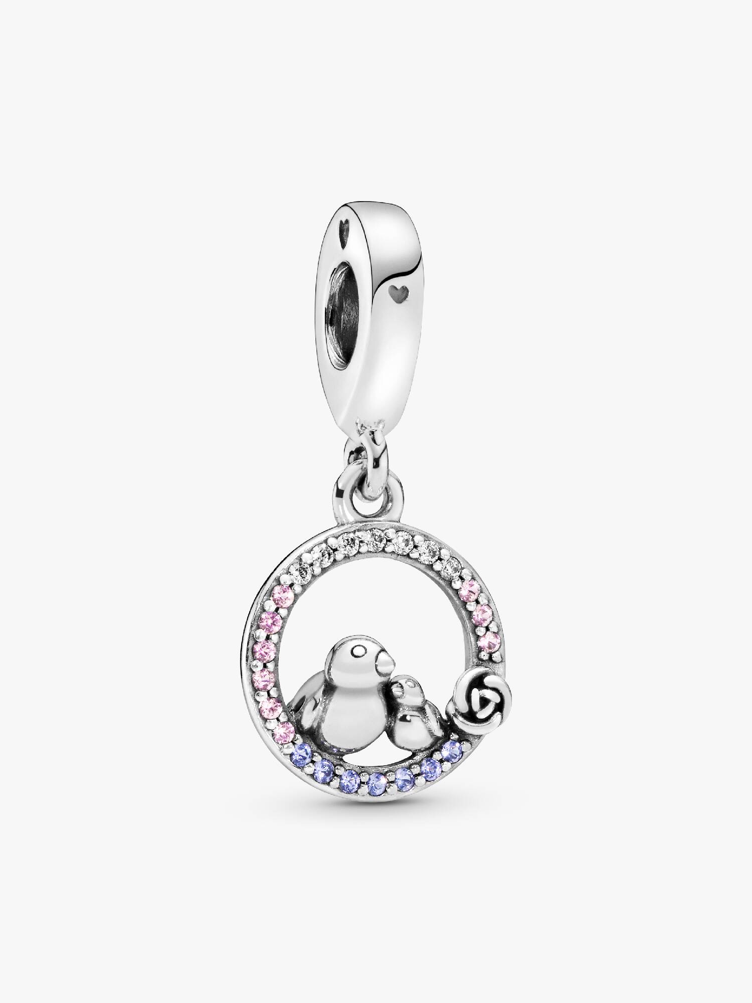 Birds silver dangle with rose pink crystal, lilac crystal and clear cubic zirconia