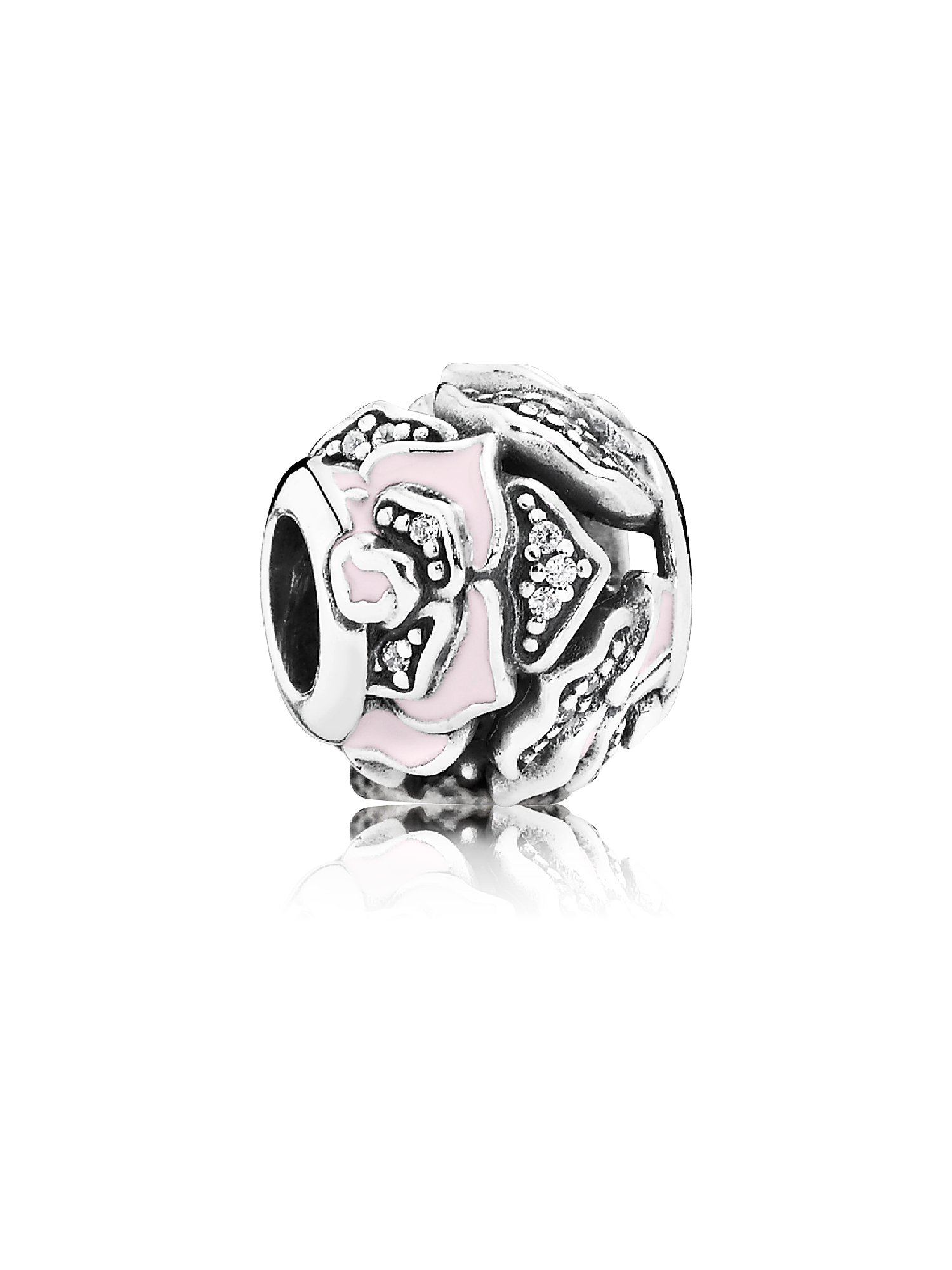 Rose silver charm with cubic zirconia and soft pink enamel
