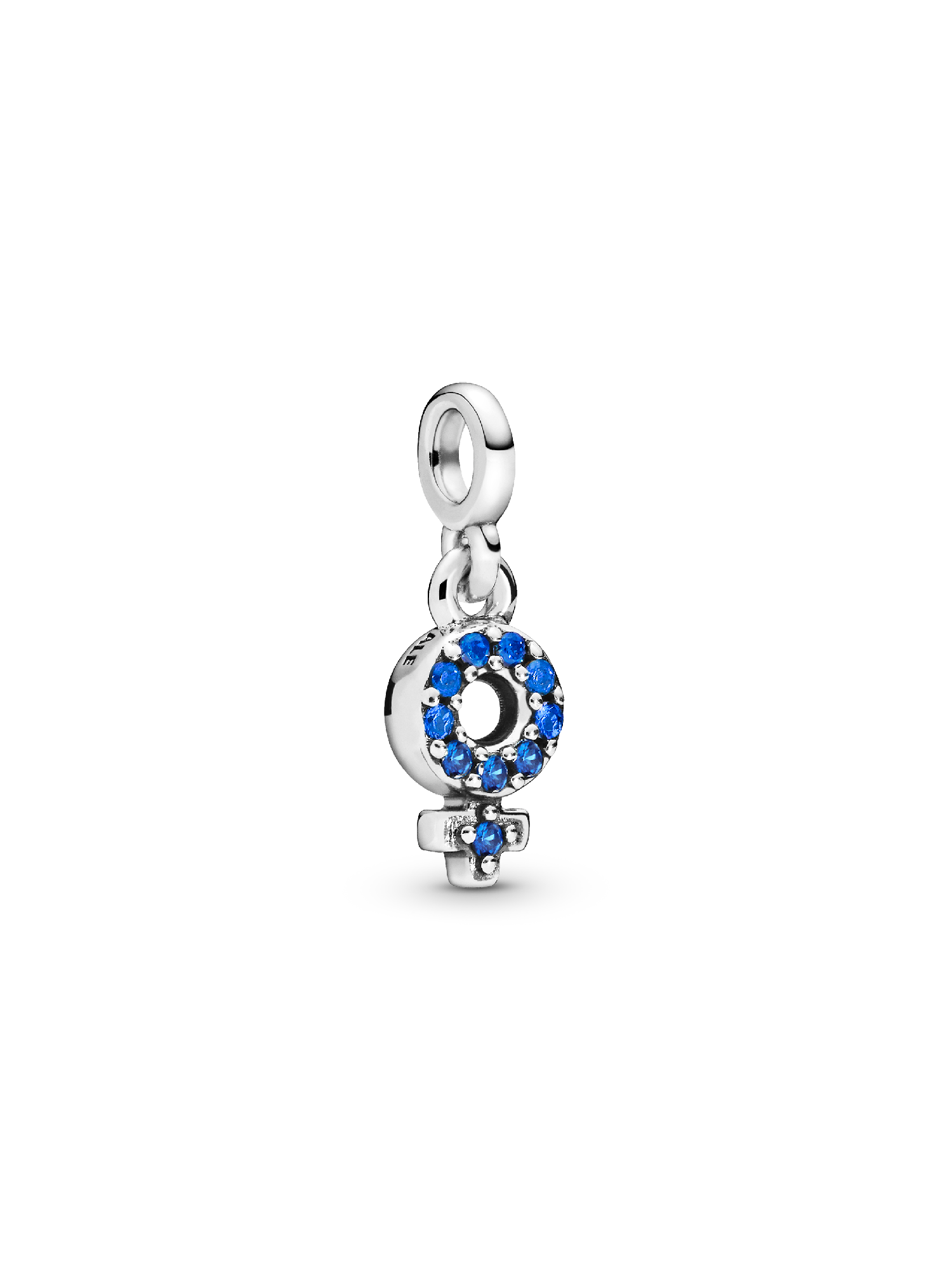 Female symbol silver dangle with true blue crystal