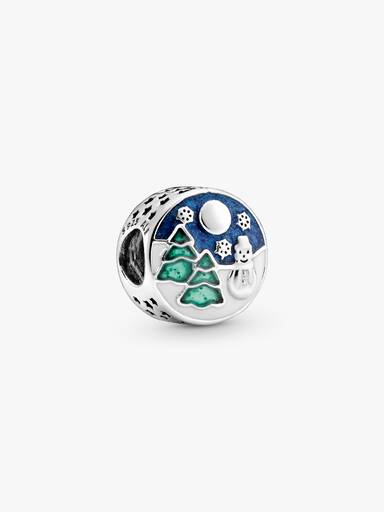 Winter scenery silver charm with white, blue and green enamel