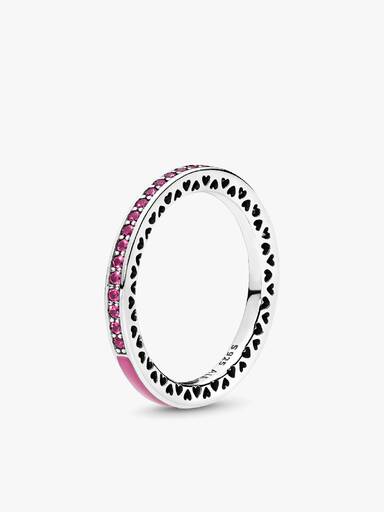 Silver ring with cerise crystal and orchid enamel