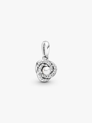 Ribbon silver pendant with white crystal pearl and clear cubic zirconia
