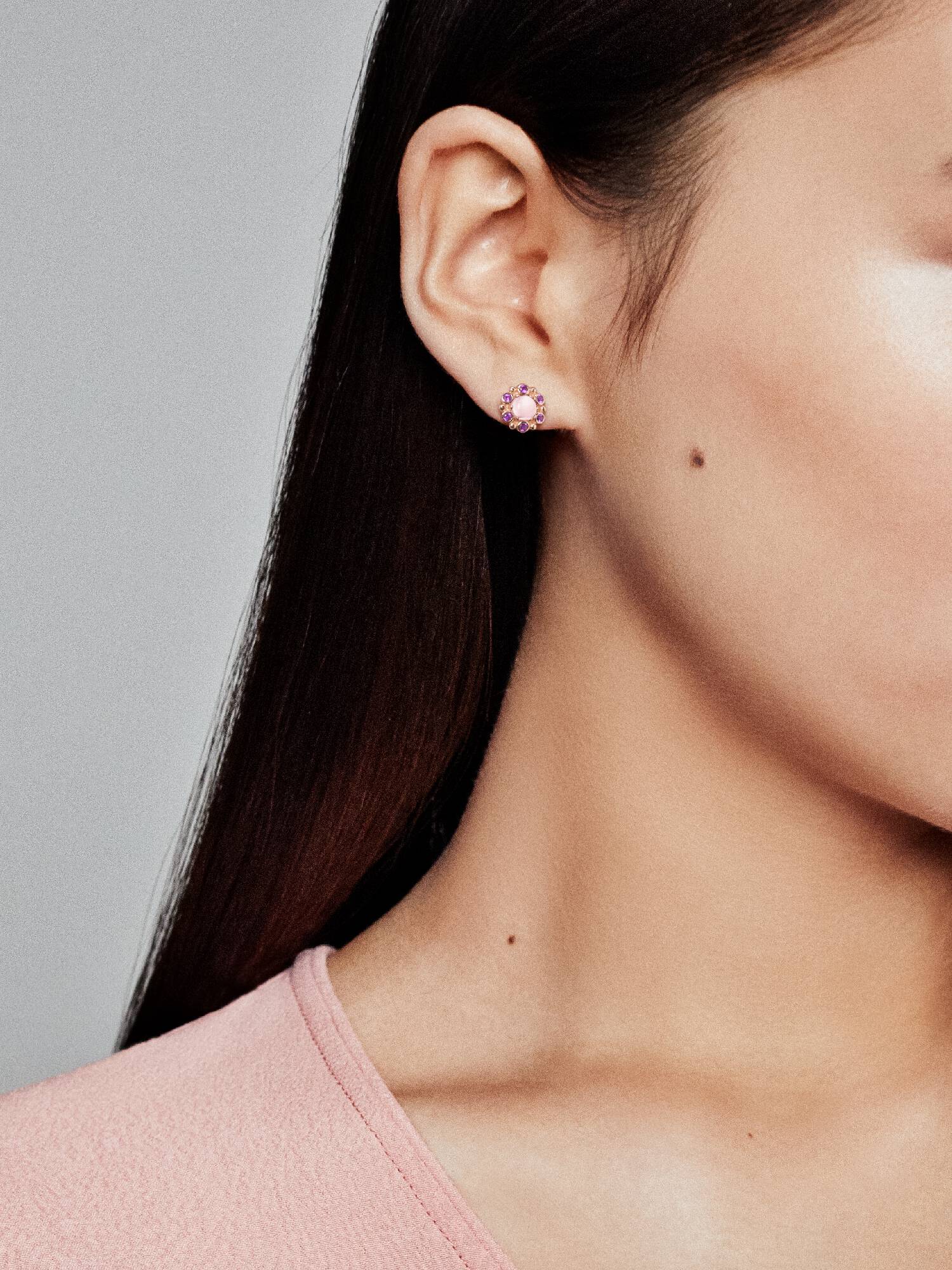 PANDORA Rose stud earrings with pink mist and royal purple crystal
