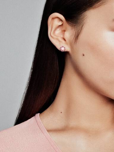 PANDORA Rose stud earrings with pink mist and royal purple crystal