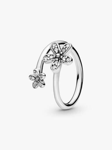 Open daisy silver ring with clear cubic zirconia