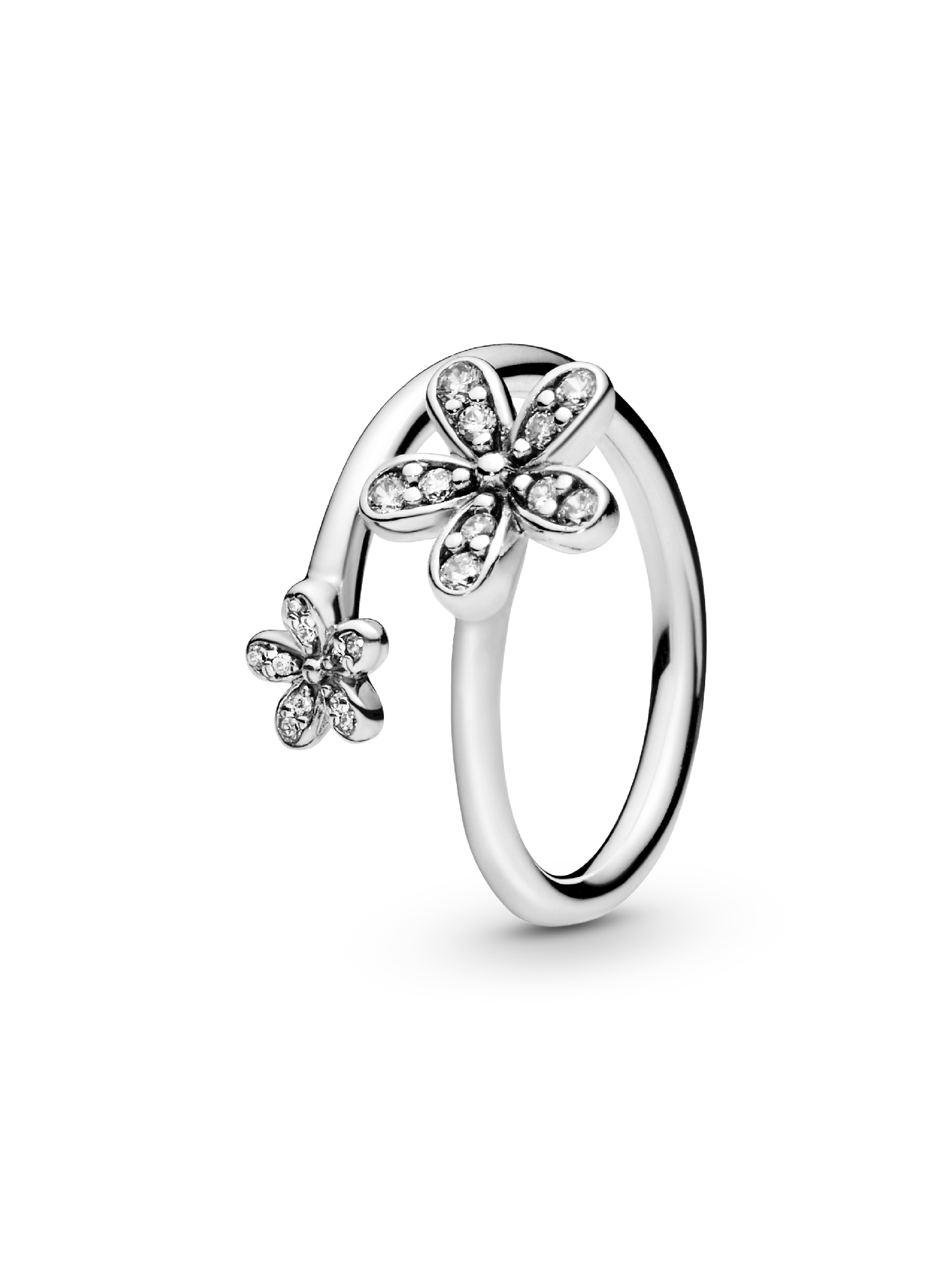 Open daisy silver ring with clear cubic zirconia