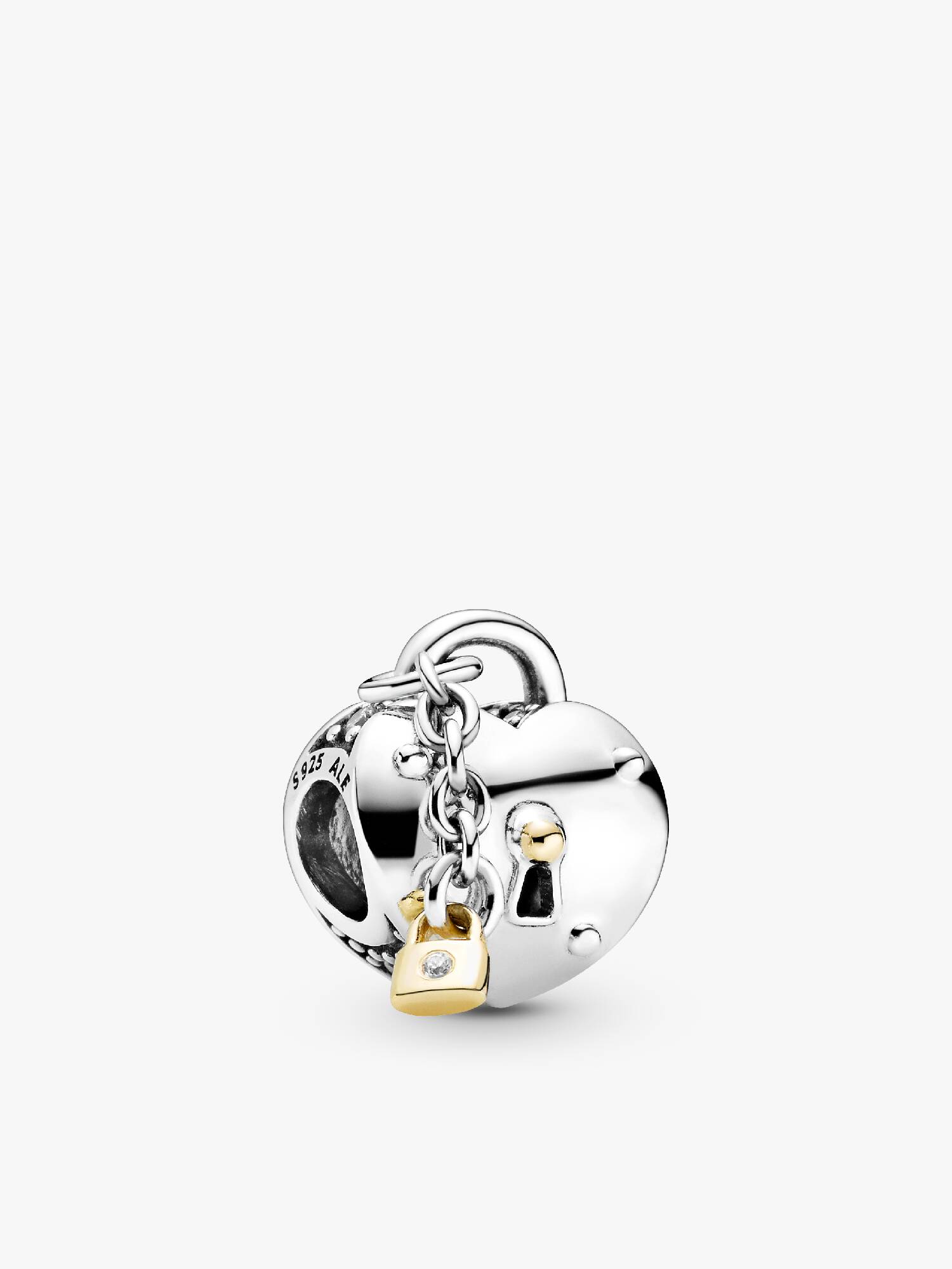 Heart padlock sterling silver and 14k charm with clear cubic zirconia
