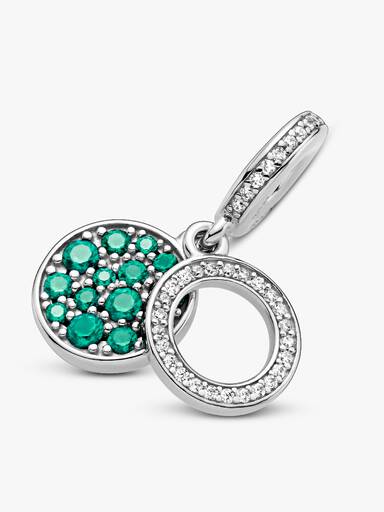 Circle and disc sterling silver dangle with royal green, aqua green crystal and clear cubic zirconia
