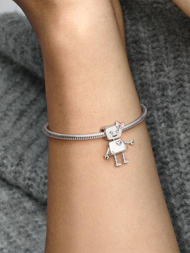 Robot girl silver charm with pink enamel