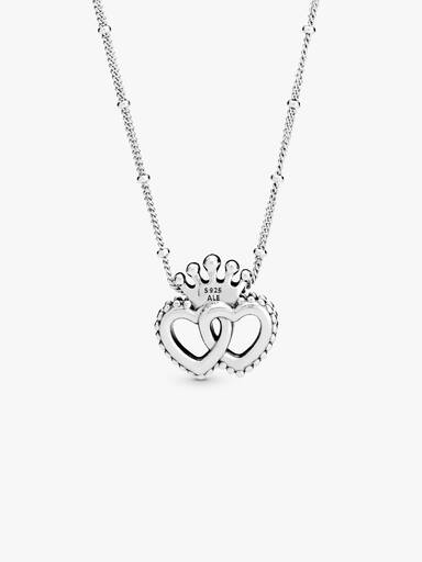 Interlocked crowned hearts silver pendant and necklace