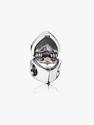 Heart gift box silver charm with 14k and cubic zirconia