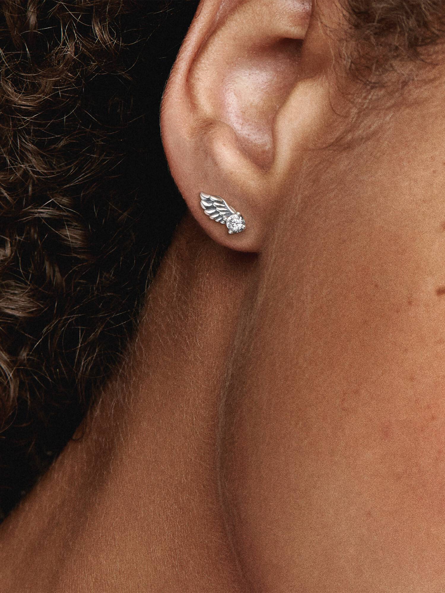Angel wing sterling silver stud earrings with clear cubic zirconia