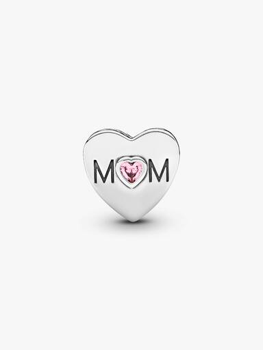Mum heart silver charm with pink cubic zirconia