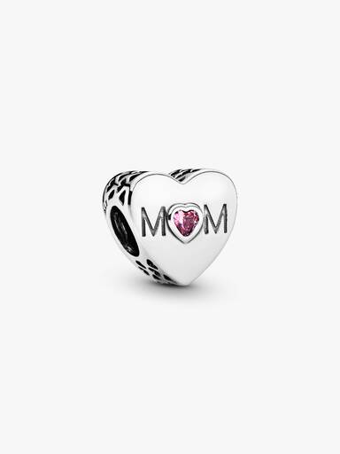 Mum heart silver charm with pink cubic zirconia