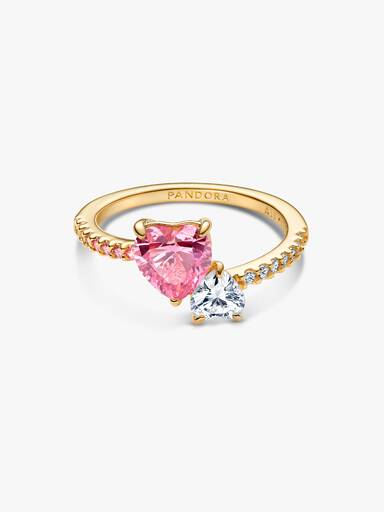Anel de Coração Duplo Brilhante Rosa e Transparente