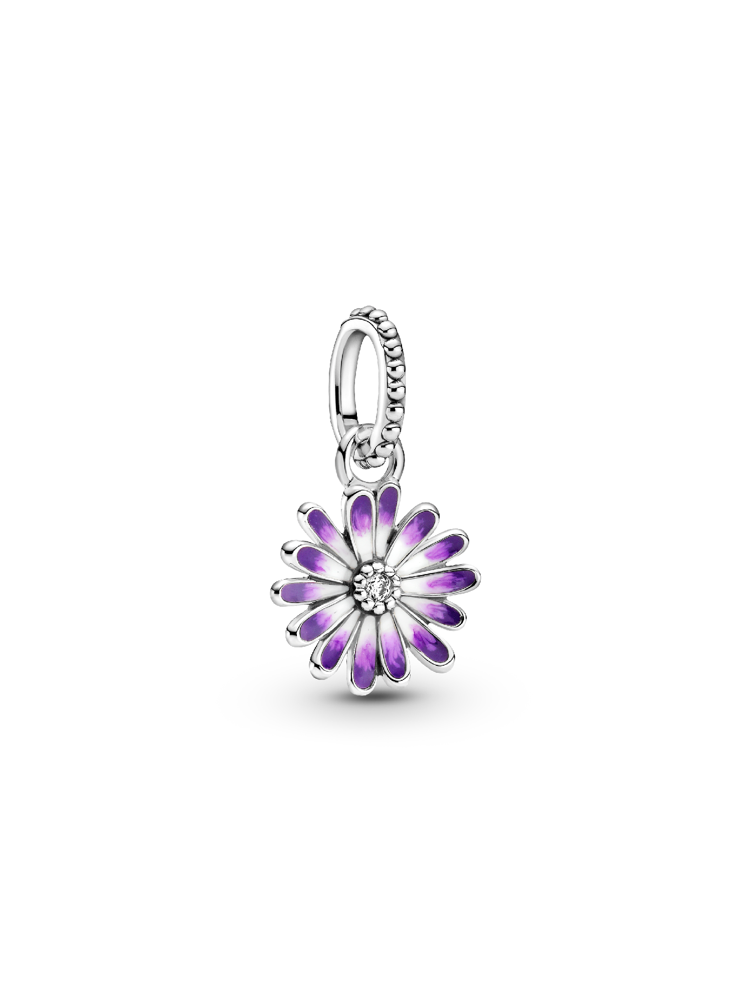 Daisy sterling silver dangle with clear cubic zirconia and shaded purple enamel