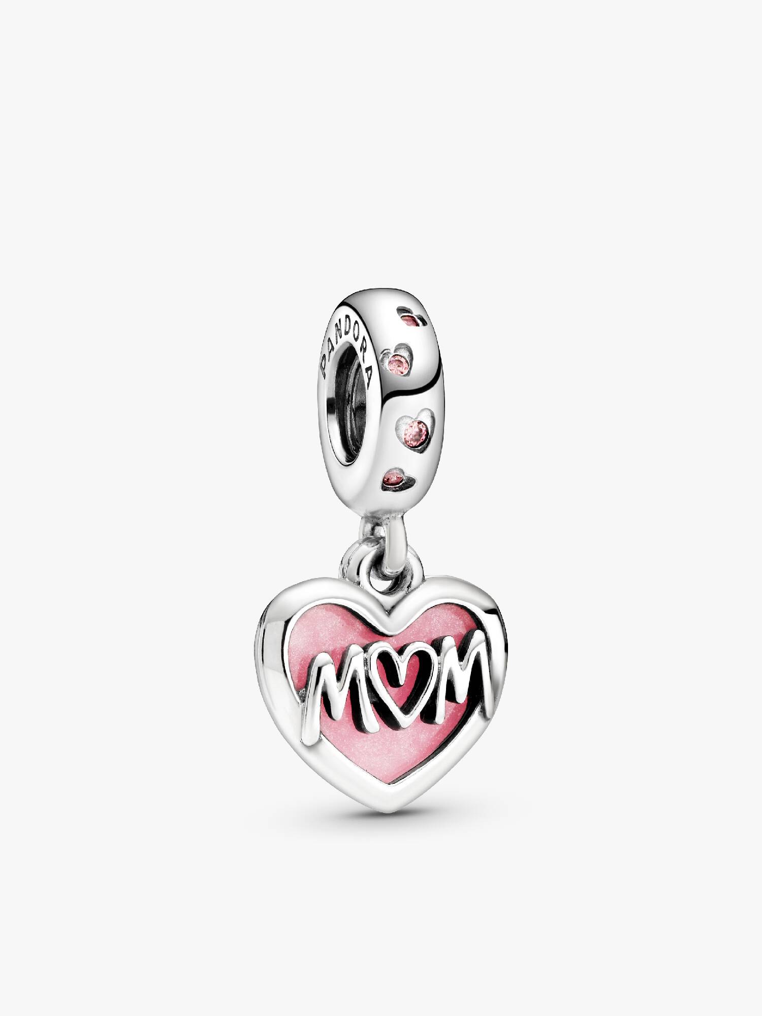 Charm pendente de coração com a palavra "Mãe" em letra cursiva