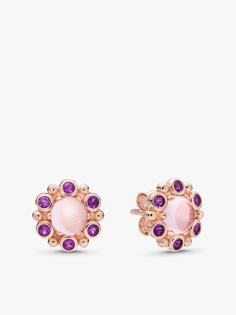 PANDORA Rose stud earrings with pink mist and royal purple crystal